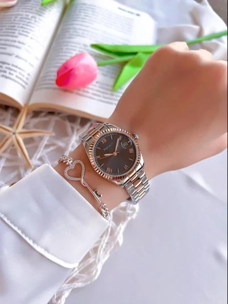 Ferrucci Çelik Kordon Takvimli Kadran 30 Mt Suya Dayanıklı Kadın Kol Saati+Bileklik BGF.1.13016.4 - Resim 2