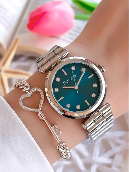 Ferrucci Çelik Kordon İyon Kaplama Özel Kasa 30 Mt Suya Dayanıklı Kadın Kol Saati+Bileklik K.03367.6 ürün görseli