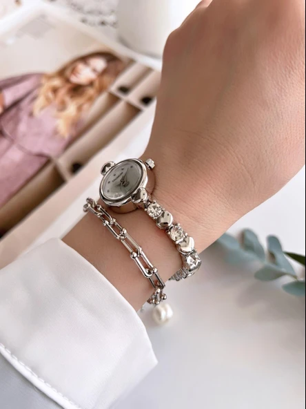 Coliseum Özel Tasarım Vintage Seri Taşlı Kordon Model Kadın Kol Saati+Bileklik Hediyeli CL8745.C04 - Resim 3