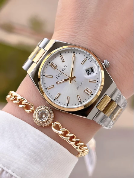 Ferrucci Çelik Kordon Kararma Renk Atma Yapmaz 2 Yıl Garantili Kadın Kol Saati+Bileklik F.03450.06 ürün görseli