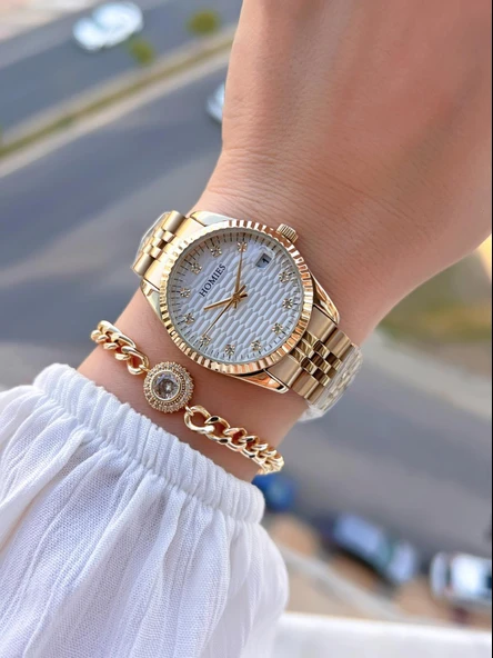 Homies Çelik Kordon 2 Yıl Garantili 30 Mt Suya Dayanıklı Kadın Kol Saati+Bileklik HM.23257.1 - Resim 2