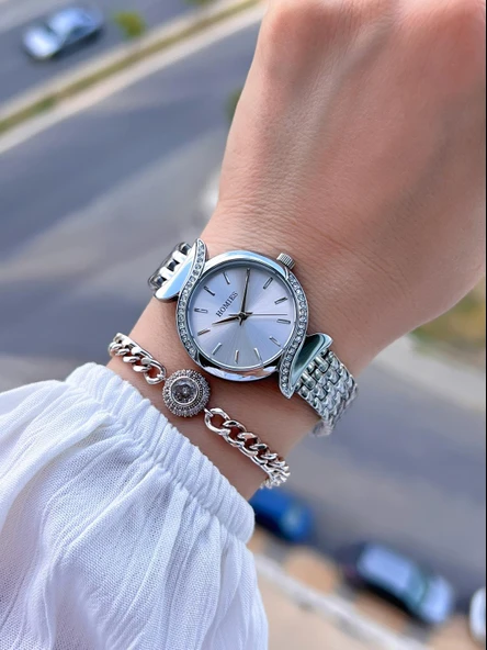 Homies Çelik Kordon 2 Yıl Garantili 30 Mt Suya Dayanıklı Kadın Kol Saati+Bileklik HM.B60S01.1 - Resim 2