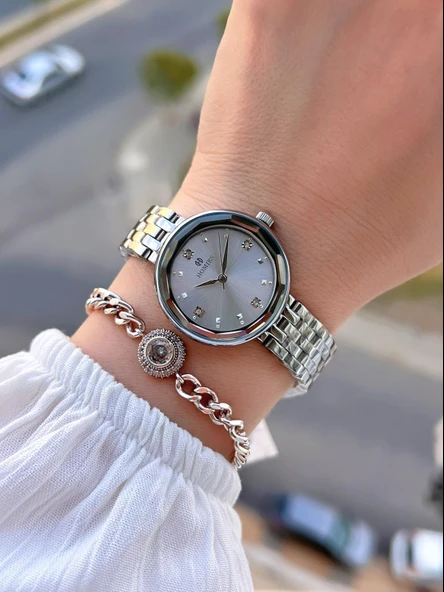 Homies Çelik Kordon 2 Yıl Garantili 30 Mt Suya Dayanıklı Kadın Kol Saati+Bileklik HM.B255005S.1.1 - Resim 2