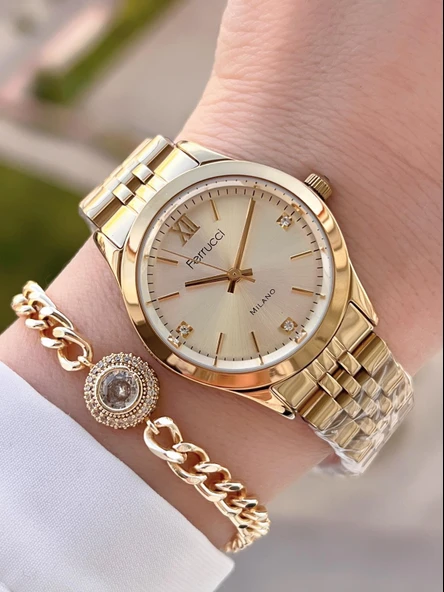 Ferrucci Çelik Kordon Kararma Renk Atma Yapmaz 2 Yıl Garantili Kadın Kol Saati+Bileklik F.03536.02 ürün görseli