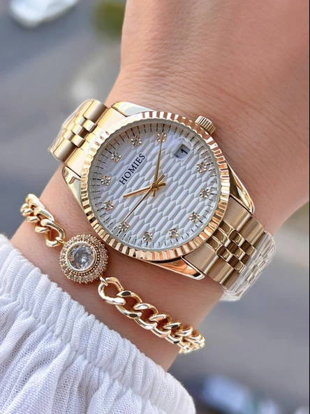 Homies Çelik Kordon 2 Yıl Garantili 30 Mt Suya Dayanıklı Kadın Kol Saati+Bileklik HM.23257.1 ürün görseli