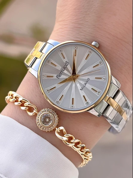 Ferrucci Çelik Kordon Kararma Renk Atma Yapmaz 2 Yıl Garantili Kadın Kol Saati+Bileklik F.03428.06 ürün görseli