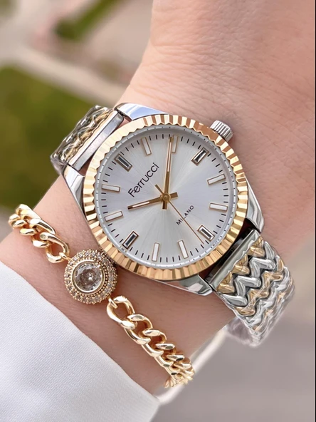 Ferrucci Çelik Kordon Kararma Renk Atma Yapmaz 2 Yıl Garantili Kadın Kol Saati+Bileklik F.03545.05 ürün görseli