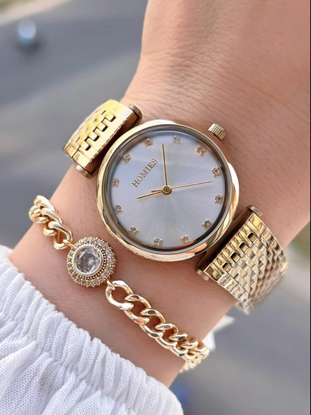 Homies Çelik Kordon 2 Yıl Garantili 30 Mt Suya Dayanıklı Kadın Kol Saati+Bileklik HM.B24513S.3 ürün görseli