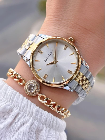 Homies Çelik Kordon 2 Yıl Garantili 30 Mt Suya Dayanıklı Kadın Kol Saati+Bileklik HM.33S01.3