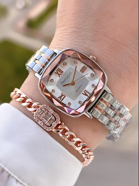 Ferrucci Çelik Kordon Kararma Renk Atma Yapmaz 2 Yıl Garantili Kadın Kol Saati+Bileklik F.03262.02 ürün görseli