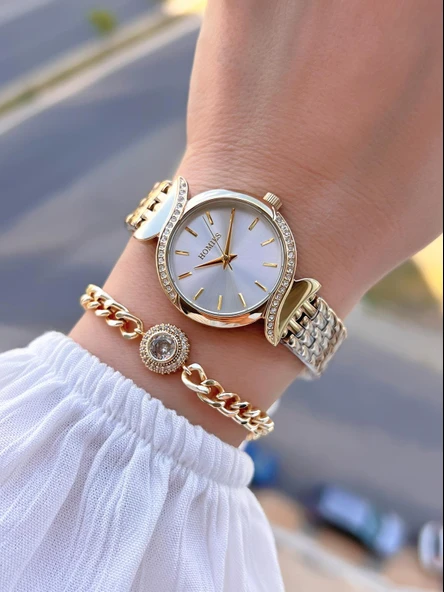 Homies Çelik Kordon 2 Yıl Garantili 30 Mt Suya Dayanıklı Kadın Kol Saati+Bileklik HM.B60S01.2 - Resim 2