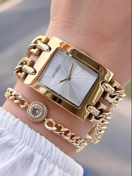 Homies Çelik Kordon 2 Yıl Garantili 30 Mt Suya Dayanıklı Kadın Kol Saati+Bileklik HM.B0146SR ürün görseli