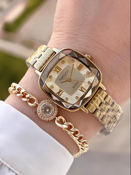 Ferrucci Çelik Kordon Kararma Renk Atma Yapmaz 2 Yıl Garantili Kadın Kol Saati+Bileklik F.03262.04 ürün görseli