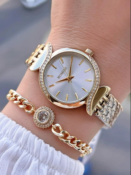 Homies Çelik Kordon 2 Yıl Garantili 30 Mt Suya Dayanıklı Kadın Kol Saati+Bileklik HM.B60S01.2 ürün görseli