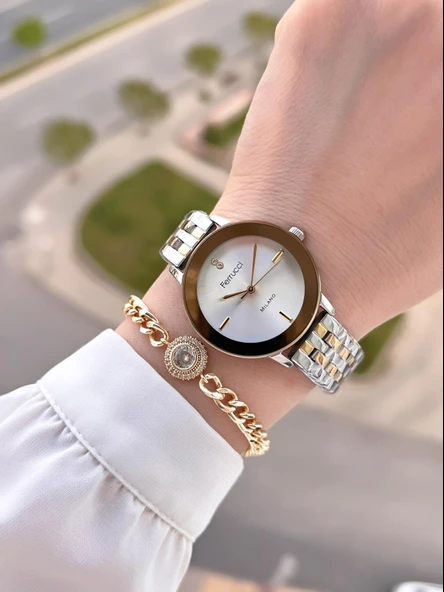 Ferrucci Çelik Kordon Kararma Renk Atma Yapmaz 2 Yıl Garantili Kadın Kol Saati+Bileklik F.03548.04 - 2