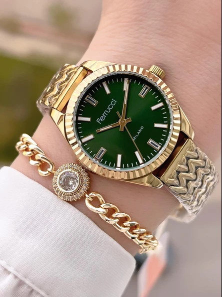 Ferrucci Çelik Kordon Kararma Renk Atma Yapmaz 2 Yıl Garantili Kadın Kol Saati+Bileklik F.03545.03 ürün görseli