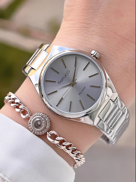 Ferrucci Çelik Kordon Kararma Renk Atma Yapmaz 2 Yıl Garantili Kadın Kol Saati+Bileklik F.3440.01