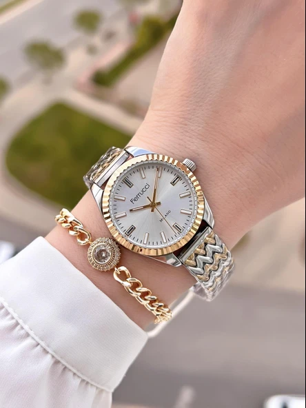 Ferrucci Çelik Kordon Kararma Renk Atma Yapmaz 2 Yıl Garantili Kadın Kol Saati+Bileklik F.03545.05 - Resim 2