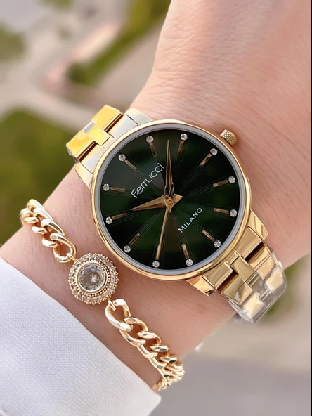 Ferrucci Çelik Kordon Kararma Renk Atma Yapmaz 2 Yıl Garantili Kadın Kol Saati+Bileklik F.03428.02 ürün görseli