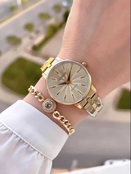 Ferrucci Çelik Kordon Kararma Renk Atma Yapmaz 2 Yıl Garantili Kadın Kol Saati+Bileklik F.03428.04 - Resim 2