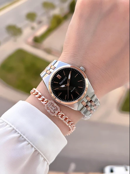 Ferrucci Çelik Kordon Kararma Renk Atma Yapmaz 2 Yıl Garantili Kadın Kol Saati+Bileklik F.03464.02 - Resim 2