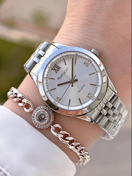 Ferrucci Çelik Kordon Kararma Renk Atma Yapmaz 2 Yıl Garantili Kadın Kol Saati+Bileklik F.03536.01 ürün görseli