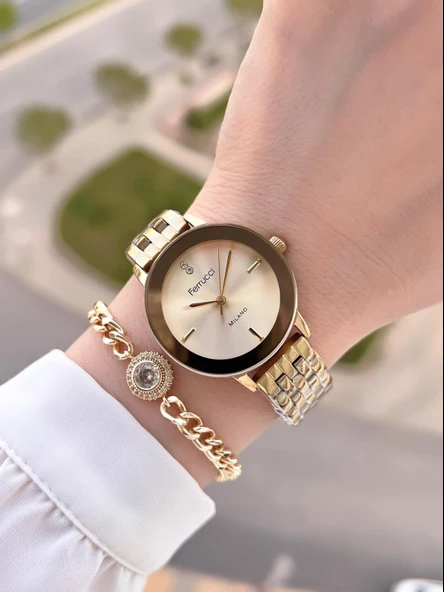 Ferrucci Çelik Kordon Kararma Renk Atma Yapmaz 2 Yıl Garantili Kadın Kol Saati+Bileklik F.03548.05 - Resim 2