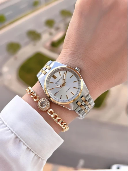 Ferrucci Çelik Kordon Kararma Renk Atma Yapmaz 2 Yıl Garantili Kadın Kol Saati+Bileklik F.03464.03 - 2