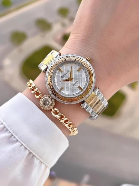 Ferrucci Çelik Kordon Kararma Renk Atma Yapmaz 2 Yıl Garantili Kadın Kol Saati+Bileklik F.03546.05 - Resim 2