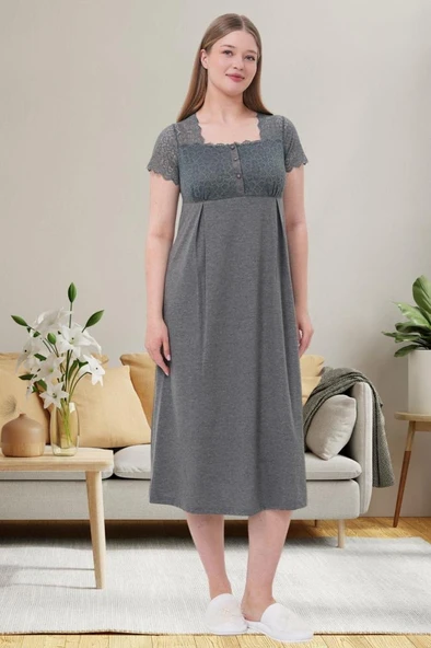 Mecit 6057 Bayan Hamile Lohusa Füme Dantelli Kısa Kollu Gecelik ürün görseli