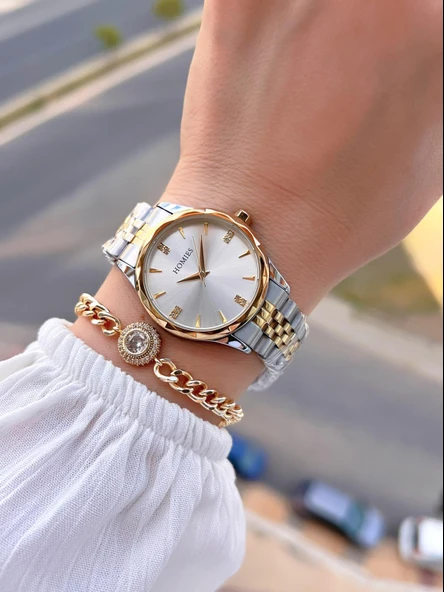 Homies Çelik Kordon 2 Yıl Garantili 30 Mt Suya Dayanıklı Kadın Kol Saati+Bileklik HM.33S01.3 - 2