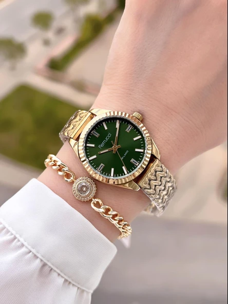 Ferrucci Çelik Kordon Kararma Renk Atma Yapmaz 2 Yıl Garantili Kadın Kol Saati+Bileklik F.03545.03 - Resim 2