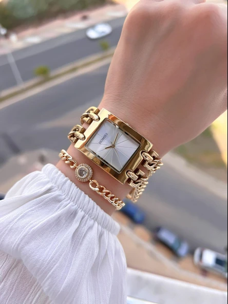 Homies Çelik Kordon 2 Yıl Garantili 30 Mt Suya Dayanıklı Kadın Kol Saati+Bileklik HM.B0146SR - Resim 2