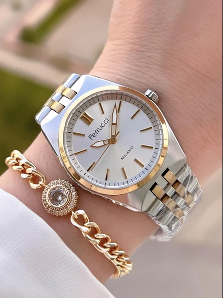 Ferrucci Çelik Kordon Kararma Renk Atma Yapmaz 2 Yıl Garantili Kadın Kol Saati+Bileklik F.03464.03