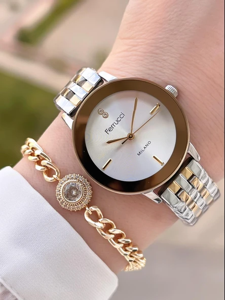 Ferrucci Çelik Kordon Kararma Renk Atma Yapmaz 2 Yıl Garantili Kadın Kol Saati+Bileklik F.03548.04
