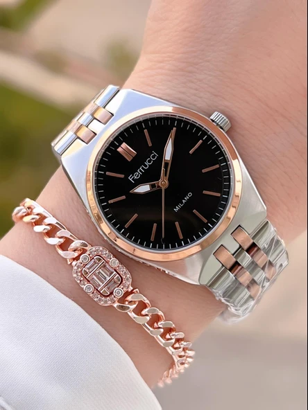 Ferrucci Çelik Kordon Kararma Renk Atma Yapmaz 2 Yıl Garantili Kadın Kol Saati+Bileklik F.03464.02 ürün görseli