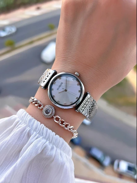 Homies Çelik Kordon 2 Yıl Garantili 30 Mt Suya Dayanıklı Kadın Kol Saati+Bileklik HM.B24513S.1 - Resim 2