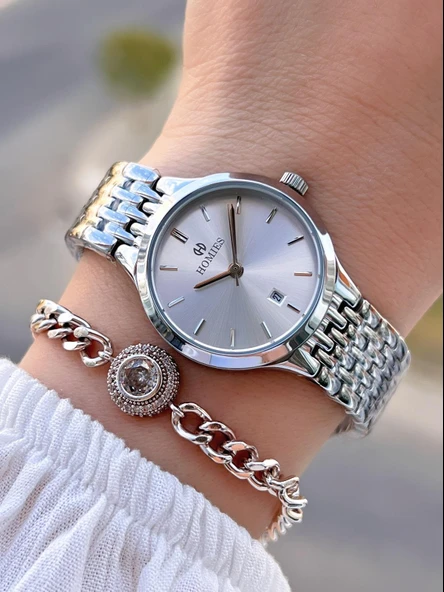 Homies Çelik Kordon 2 Yıl Garantili 30 Mt Suya Dayanıklı Kadın Kol Saati+Bileklik HM.06S01.1