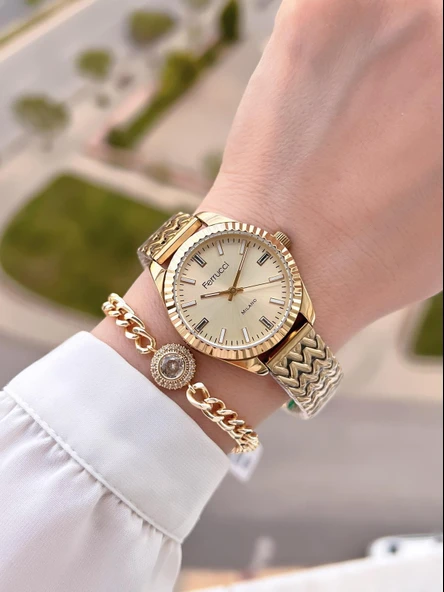 Ferrucci Çelik Kordon Kararma Renk Atma Yapmaz 2 Yıl Garantili Kadın Kol Saati+Bileklik F.03545.04 - Resim 2