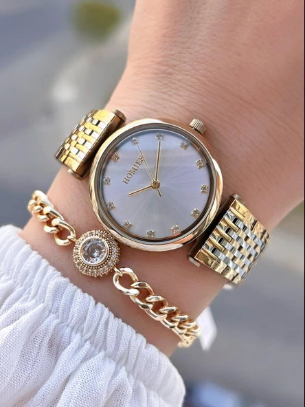 Homies Çelik Kordon 2 Yıl Garantili 30 Mt Suya Dayanıklı Kadın Kol Saati+Bileklik HM.B24513S.3 ürün görseli