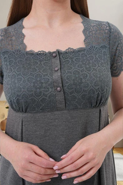 Mecit 6057 Bayan Hamile Lohusa Füme Dantelli Kısa Kollu Gecelik - Resim 3