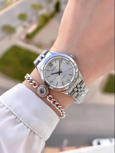 Ferrucci Çelik Kordon Kararma Renk Atma Yapmaz 2 Yıl Garantili Kadın Kol Saati+Bileklik F.03536.01 - Resim 2