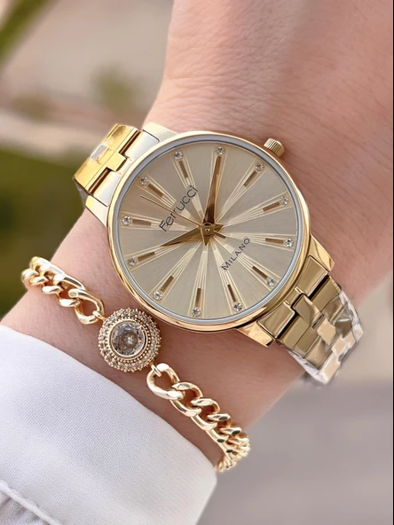 Ferrucci Çelik Kordon Kararma Renk Atma Yapmaz 2 Yıl Garantili Kadın Kol Saati+Bileklik F.03428.04 ürün görseli