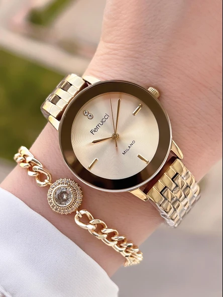 Ferrucci Çelik Kordon Kararma Renk Atma Yapmaz 2 Yıl Garantili Kadın Kol Saati+Bileklik F.03548.05 ürün görseli