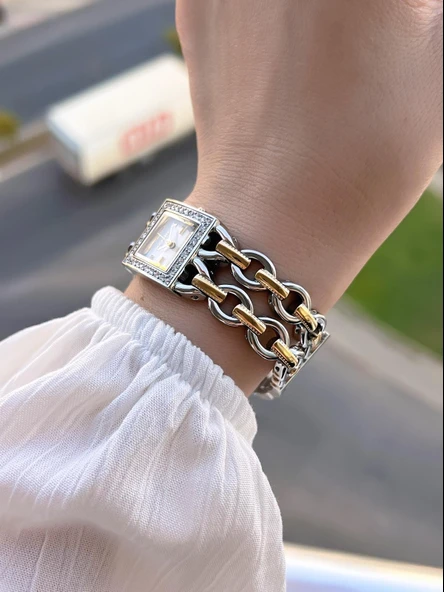 Dice Kayek Zincirli Kordon Köşeli Özel Tasarım 2 Yıl Garantili Kadın Kol Saati+Bileklik AG1383.04 - Resim 3