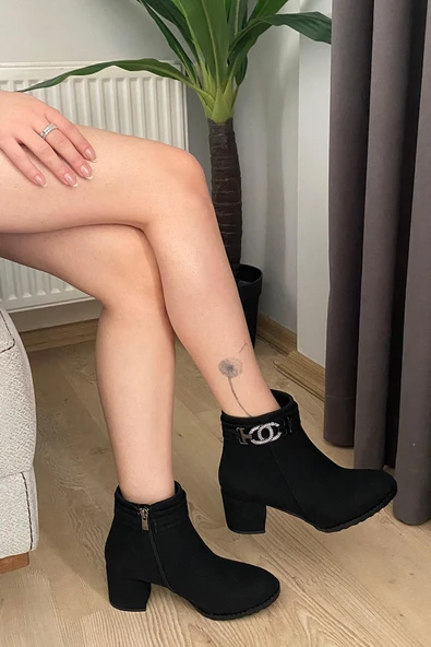 Kadın Hana Siyah Zümrür Taşlı Tokalı ( 6 cm ) Topuklu Oval Burun Bot - 4