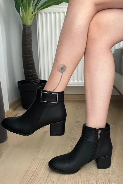 Kadın Trend Siyah Kare Tokalı ( 6 cm ) Topuklu Oval Burun Bot - 6