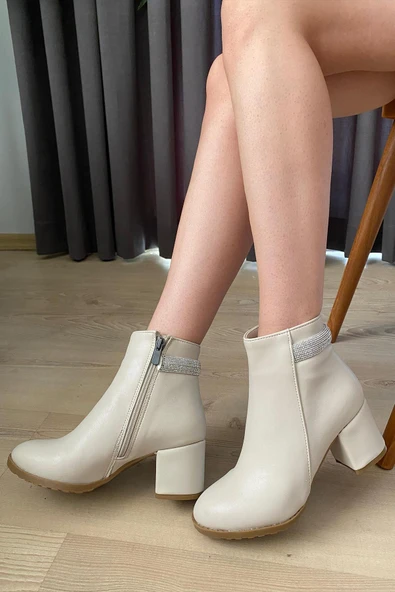 Kadın Trend Krem Arkadan Taşlı ( 6 cm ) Topuklu Oval Burun Bot - 4