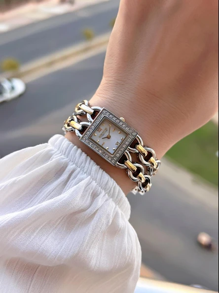 Dice Kayek Zincirli Kordon Köşeli Özel Tasarım 2 Yıl Garantili Kadın Kol Saati+Bileklik AG1383.04 - Resim 2