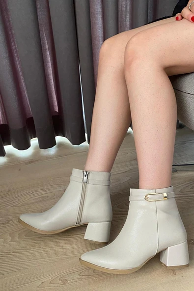 Kadın York Krem Cilt İnce Tokalı ( 6 cm ) Topuklu Sivri Burun Bot - 3